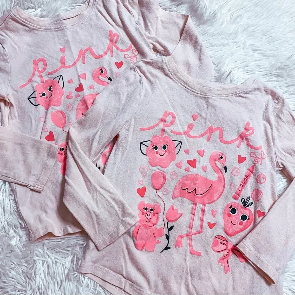 OLD NAVY • TWINS SET // Pink Flamingo Valentine’s Day Long Sleeve Tees